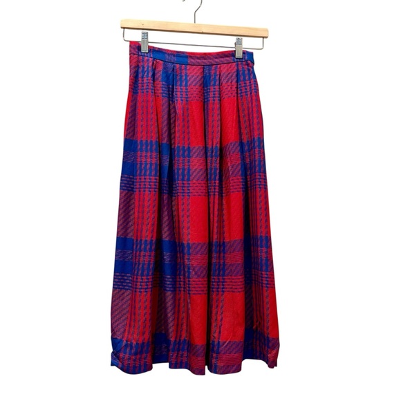 Vtg Koret Plaid Midi Skirt Blue Red Made in USA Size 6 Petite - Picture 1 of 5